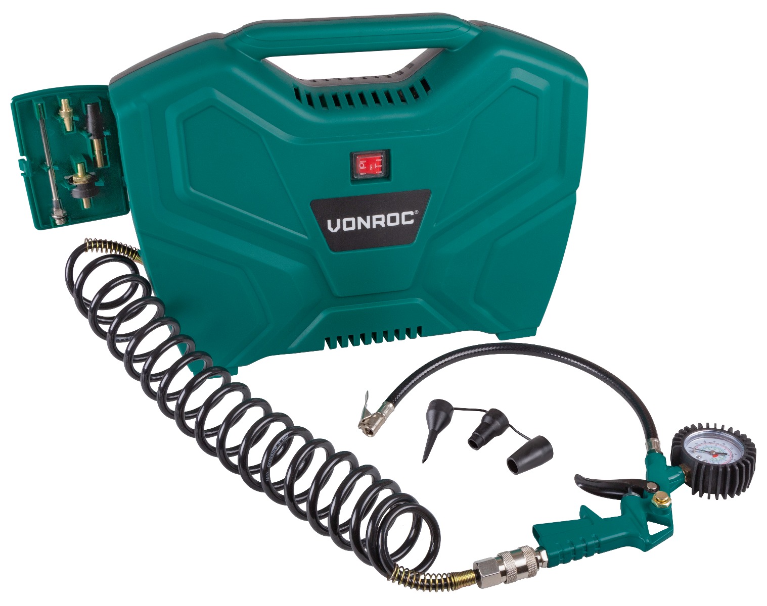 Compressore portatile 1100W - 8 bar - Senza olio - 180 l / m - Include 11 accessori VONROC